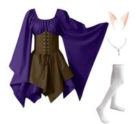 Abito Tradizionale Irlandese da Donna Medievale Vintage Costumi Di Halloween Elegante Vittoriano Vestito Da Steampunk Curvy Rinascimentale con Orecchie da Elfo, Collana, Calze Sopra il Ginocchio