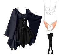 Abito Tradizionale Irlandese da Donna Pipistrello Medievale Vestito Da Steampunk Elegante Vittoriano Costumi Di Halloween con Orecchie da Elfo, Accessori per Capelli, Calze Sopra il Ginocchio