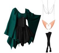 Abito Tradizionale Irlandese da Donna Pipistrello Medievale Vestito Da Steampunk Elegante Vittoriano Costumi Di Halloween con Orecchie da Elfo, Accessori per Capelli, Calze Sopra il Ginocchio