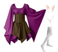 Abito Tradizionale Irlandese da Donna Pipistrello Vintage Vestito Da Steampunk Vittoriano Celtico Costumi Di Halloween Carnevale Cosplay con Orecchie da Elfo, Collana, Calze Sopra il Ginocchio