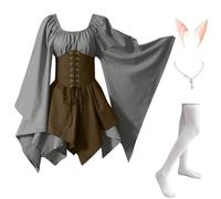 Abito Tradizionale Irlandese da Donna Pipistrello Vintage Vestito Da Steampunk Vittoriano Celtico Costumi Di Halloween Carnevale Cosplay con Orecchie da Elfo, Collana, Calze Sopra il Ginocchio