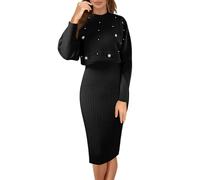 Abito tubino da donna, elegante, lungo, set da donna, in due pezzi, invernale, con perle, senza maniche, scollo a V, a matita, girocollo, a maniche lunghe, Nero , Taglia unica