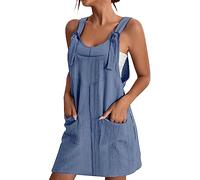 Abito tubino da donna elegante nero: abito casual da donna con tasche, abito da spiaggia con spalline, abito estivo arioso, abito in mussola senza schienale, Blu mare, XXXXL