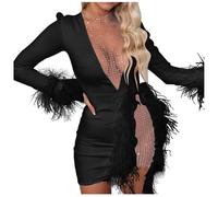 Abito tubino da donna, sexy, con scollo a V, in pizzo, in tessuto patchwork, trasparente, elegante, stretto, mini abito corto con bordo in piuma, O nero., L