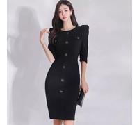 Abito Tubino Midi Aderente Elegante Donna Bottoni Nero Strutturato K3D8V7