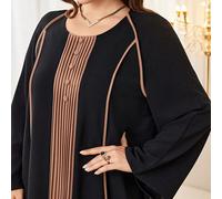 Abito/Tunica casual comoda da donna con collo rotondo, maniche lunghe, orlo a contrasto, pieghe e patchwork, taglia comoda, stile arabo 0XL,1XL,2XL,3XL,4XLBlocchi di colore,A strisceTessuto intrecciat