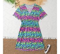 Abito-tuta a maniche corte con scollo a V sovrapposto a stampa di cuori per ragazze Tween per le vacanze 8Y,9Y,10Y,11Y,12YGeometrico,Cuore,Leopardo,Lettere,stampa dappertutto,Motivo strutturatoTessuto