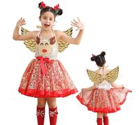 Abito tutù natalizio da bambina, con copricapo e ali, set da 3 pezzi, vestito in tulle per bambina, con stampa di cartoni animati, delicato sulla pelle