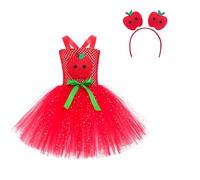 Abito tutu per bambini con frutta e verdura, senza maniche, increspato, multistrato, con applicazioni floreali, per spettacoli sul palco, feste, servizi fotografici, Colore: rosso, 6-7 Anni