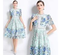 Abito Verde In Pizzo Con Fiori Blu E Maniche Corte Elegante Cerimonia CF47143
