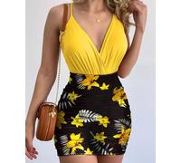 Abito vestito donna mini dress corto tubino scollato aderente fiori giallo 16098