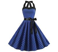 Abito vintage anni 50 a pois da donna - da cocktail con motivo floreale Rockabilly Audrey Hepburn per ballo di fine anno Piccola Taglia, Blu scuro, XXL