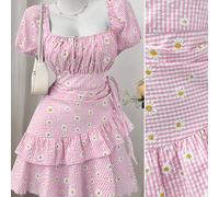 Abito vintage casual ed elegante da donna con scollo a cuore, maniche corte, stampa a quadri e margherite, volant sul fondo, fiocco e pieghe, taglie comode 0XL,1XL,2XL,3XL,4XLGeometrico,A strisce,Moti