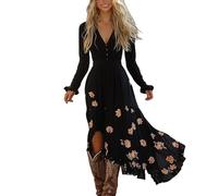 Abito vintage con scollo a V e maniche lunghe per le donne retrò western country abiti bohemian chic abito da spiaggia festa al ginocchio medievale gonna vestita stile cowboy, Nero , S