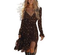 Abito Vintage Con Scollo a V E San Maniche per Donne Retro Western Country Abiti Boemia Chic Abito Da Festa Festival Al Ginocchio Gotico Gonna Deguisement Occidentale Costume Da Cowgirl, 2-Marrone