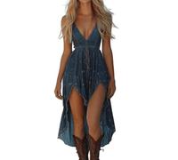 Abito Vintage con Scollo a V e Senza Maniche per Donne Stile Retro Western Country Abiti Casual da Spiaggia Festival Taglia Forte Gotico Gonna per Travestirsi Hip Hop Costume da Cowgirl, 1-blu, S