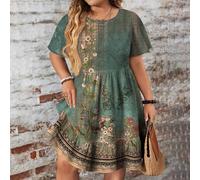 Abito vintage con stampa floreale europea, vestibilità morbida, scollo tondo, maniche corte, taglie comode, adatto per la Festa degli Insegnanti e il ritorno a scuola 0XL,1XL,2XL,3XL,4XL,5XLColore uni