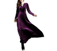 Abito vintage da donna con scollo a V in velluto elasticizzato a maniche lunghe tinta unita Maxi Party elegante abito aderente, Viola, XXXL