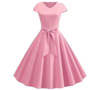 Abito vintage da donna per feste, anni '50, rockabilly, in tinta unita, elegante, con scollo a V, stile coctail, con cintura, a maniche corte, per il tempo libero, Colore: rosa., L