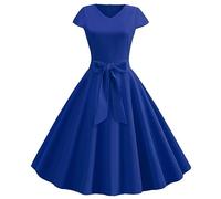 Abito vintage da donna per feste, anni '50, rockabilly, in tinta unita, elegante, con scollo a V, stile coctail, con cintura, a maniche corte, per il tempo libero