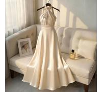 Abito vintage elegante da donna in raso color champagne, con scollo alla halter, schiena scoperta e allacciatura in pizzo L,M,S,XLColore unicoTessuto
