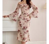 Abito vintage elegante rosa con stampa floreale, maniche svasate arricciate e spalle scoperte, in rete, aderente, perfetto per feste estive e ritorni a casa. L,M,S,XL,XS,XXL,XXS,XXXL,XXXXLFlorealeTess