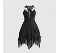 Abito vintage elegante Y2K con colletto a croce, patchwork in pizzo, orlo asimmetrico e schiena scoperta, taglie comode 0XL,1XL,2XL,3XL,4XLGrafico,PianteTessuto in maglia