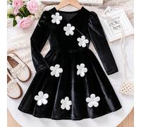 Abito vintage nero a fiori 3D per giovani ragazze. La silhouette a-line valorizza la figura e mostra una curva elegante. Il tessuto in velluto nero trasmette una sensazione di qualità, mentre gli acce