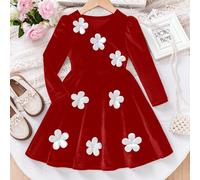 Abito vintage nero con fiori 3D per ragazze giovani. La silhouette a-line valorizza la figura e mostra una curva elegante. Il tessuto in velluto nero trasmette una sensazione di pregio, mentre gli acc