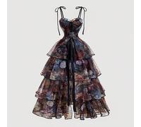 Abito vintage nero con stampa floreale su tutto il corpo, elegante abito 2 in 1 con gonne multiple staccabili - stile palazzo, abito da compleanno, abito da crociera, abito sovrapposto L,M,S,XL,XS,XXL