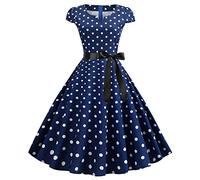Abito vintage plissettato a pois, stile Audrey Hepburn, a maniche corte, anni '50, stile Rockabilly, stile swing, Blu, L