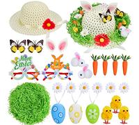 Abitoncc Kit di decorazioni per cofano pasquale crea il tuo cappello pasquale per bambini Cappello di Pasqua Decorazioni Cappello di paglia Pulcini Uova Coniglietti Carote Erba Kit di decorazioni per