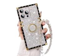 Ableinvaris Sparkle Crystal Bracelet for iPhone Case, Electroplated Rhinestone Glitter Bling Anti-Fall Cover, Four Corners Electroplated Magnetic Stand Protective Cover (White,15Pro-max)