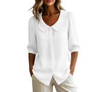 ABLYTMIAQ Camicie da donna a mezza manica in cotone camicette da donna UK Lounger Peter Pan Collo Button Down Top Camicie allentate Camicie da donna Casual Uscire Camicetta estiva, bianco, S