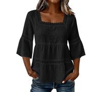 ABLYTMIAQ Top con Scollo Quadrato per Le Donne UK Estate Cotone Lino Maniche a 3/4 Camicetta in Pizzo Maniche a Campana Orlo Fluido Camicie vestibilità Regolare da Donna Casual Top per Uscire Nero L