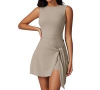 ABOCIW Abito da tennis da donna a collo alto, senza maniche, gonna avvolgente, pantaloncini integrati, tutine da allenamento, marrone chiaro, L