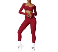 ABOCIW - Completo da allenamento per donna, 2 pezzi, top corti con scollo quadrato e maniche lunghe, leggings a vita alta svasati, completo da palestra, Medium
