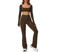 ABOCIW Set da allenamento da donna, 2 pezzi, con top corto a maniche lunghe a vita alta, leggings svasati, set da palestra, Y-caffè, Medium