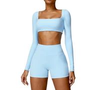 ABOCIW Set da allenamento da donna, 2 pezzi, scollo quadrato, maniche lunghe, crop top, pantaloncini da motociclista a vita alta, set da palestra, Blu, Medium