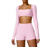 ABOCIW Set da allenamento da donna, 2 pezzi, scollo quadrato, maniche lunghe, crop top, pantaloncini da motociclista a vita alta, set da palestra, Rosa, Small