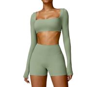 ABOCIW Set da allenamento da donna, 2 pezzi, scollo quadrato, maniche lunghe, crop top, pantaloncini da motociclista a vita alta, set da palestra, Verde, Small