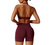 ABOCIW Set da allenamento per le donne 2 pezzi senza cuciture Halter reggiseno sportivo Scrunch Butt Impact pantaloncini palestra abiti da yoga, Rosso Borgogna, Medium