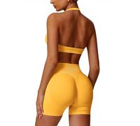 ABOCIW Set da allenamento per le donne 2 pezzi senza cuciture Halter reggiseno sportivo Scrunch Butt Impact pantaloncini palestra abiti da yoga, Giallo, X-Small
