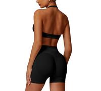 ABOCIW Set da allenamento per le donne 2 pezzi senza cuciture Halter reggiseno sportivo Scrunch Butt Impact pantaloncini palestra abiti da yoga, nero, X-Small