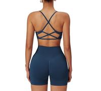 ABOCIW Set di 2 pezzi da allenamento senza cuciture per donne con scollo rotondo e spalline reggiseno sportivo Scrunch Butt Lifting Gym Impact Shorts, Blu navy, Small