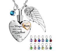 abooxiu Collane con urna a forma di cuore per ceneri con 12 pietre portafortuna per cremazione, in acciaio inox, gioielli per cremazione - Your Wings Were Ready, But My Heart Was Not, Acciaio