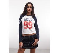 Abrand Jeans - Love Buzz - T-shirt mini bianca e blu navy a maniche lunghe raglan-Bianco XS