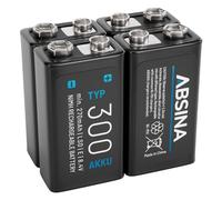 ABSINA 4x Batteria 9V Ricaricabile 300 con bassa autoscarica - Batterie 9V NiMH con 8,4V & almeno 270mAh - Pila 9V, 9V battery, pile 9V, 9V batteria ricaricabile, batteria 6LR61 9V, pila quadrata 9V