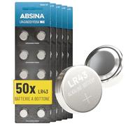 ABSINA 50x batterie bottone AG12 LR43 - batterie alcaline 1,5V LR43, a prova di perdite e a lunga durata - LR 43/186 / LR1142 / L1142 / V12GA / GPA76 / RW84 - batteria bottone