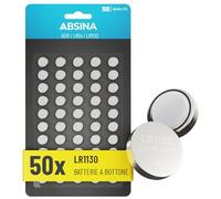 ABSINA 50x LR1130 AG10 Batteria - Batterie LR1130 alcaline da 1,5V a prova di perdite e longevoli - Pile LR54 / V10GA / RW49 / G10A / 189 / GP189 / L1130 / 89A